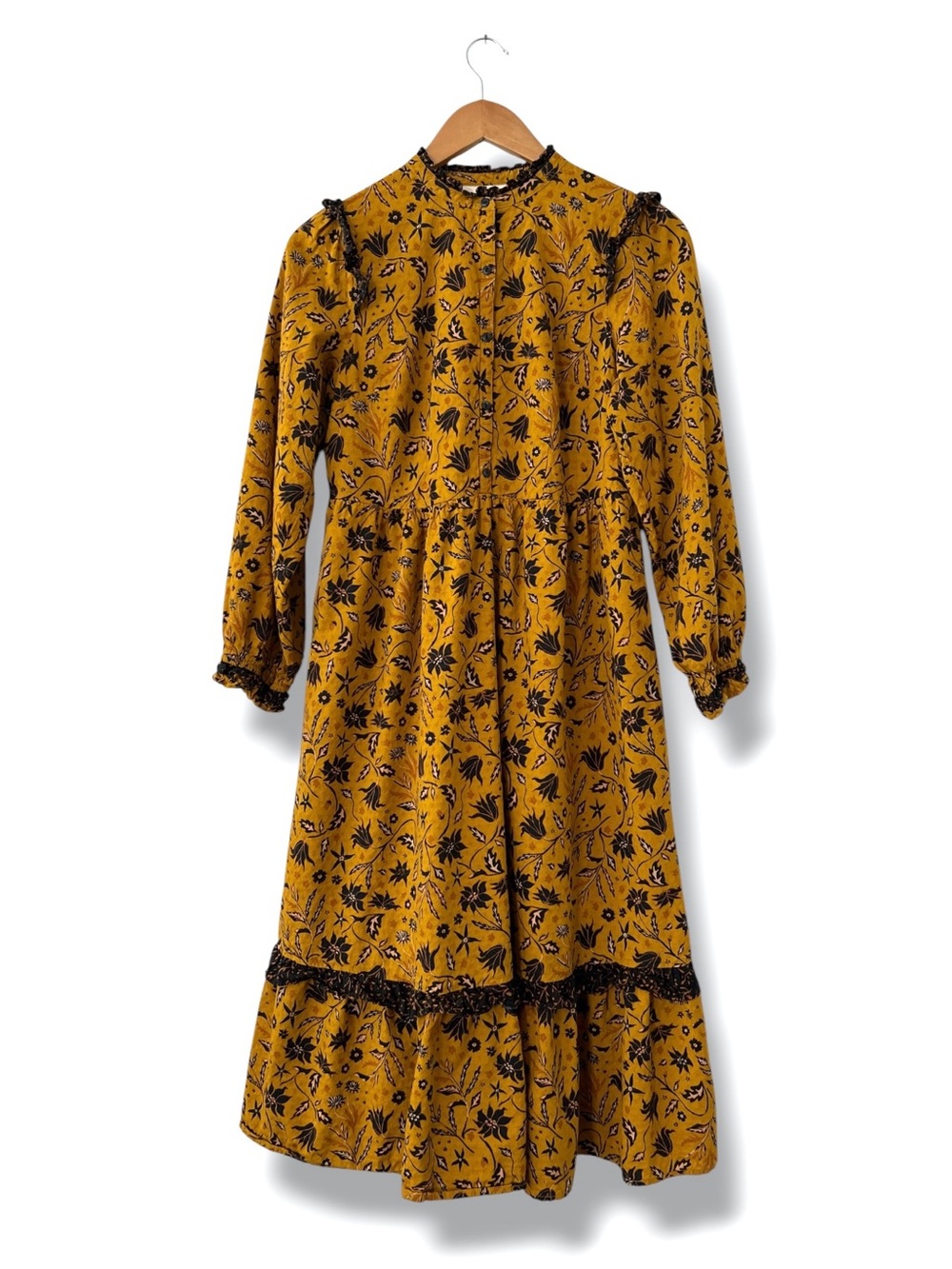 Universal Thread Floral Prairie Midi Dress XS Mustard Yellow Ruffle Dobby